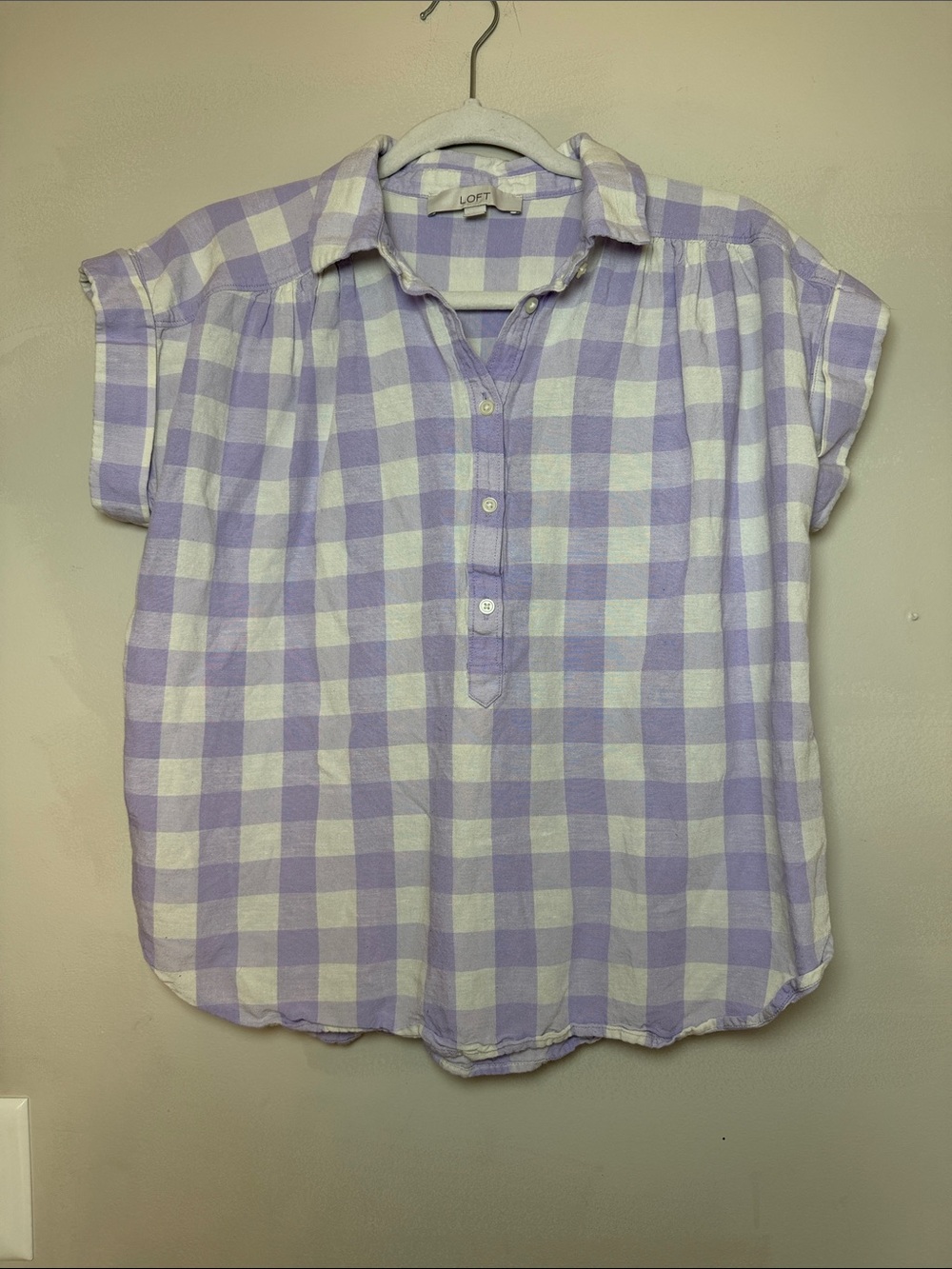 LOFT Lavender and White Gingham Button-Front Popover Shirt. Cottagecore. small